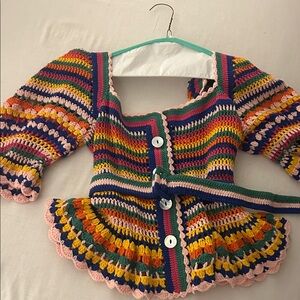 Colorful Hand-Crocheted Stripe Button-Up Cardigan